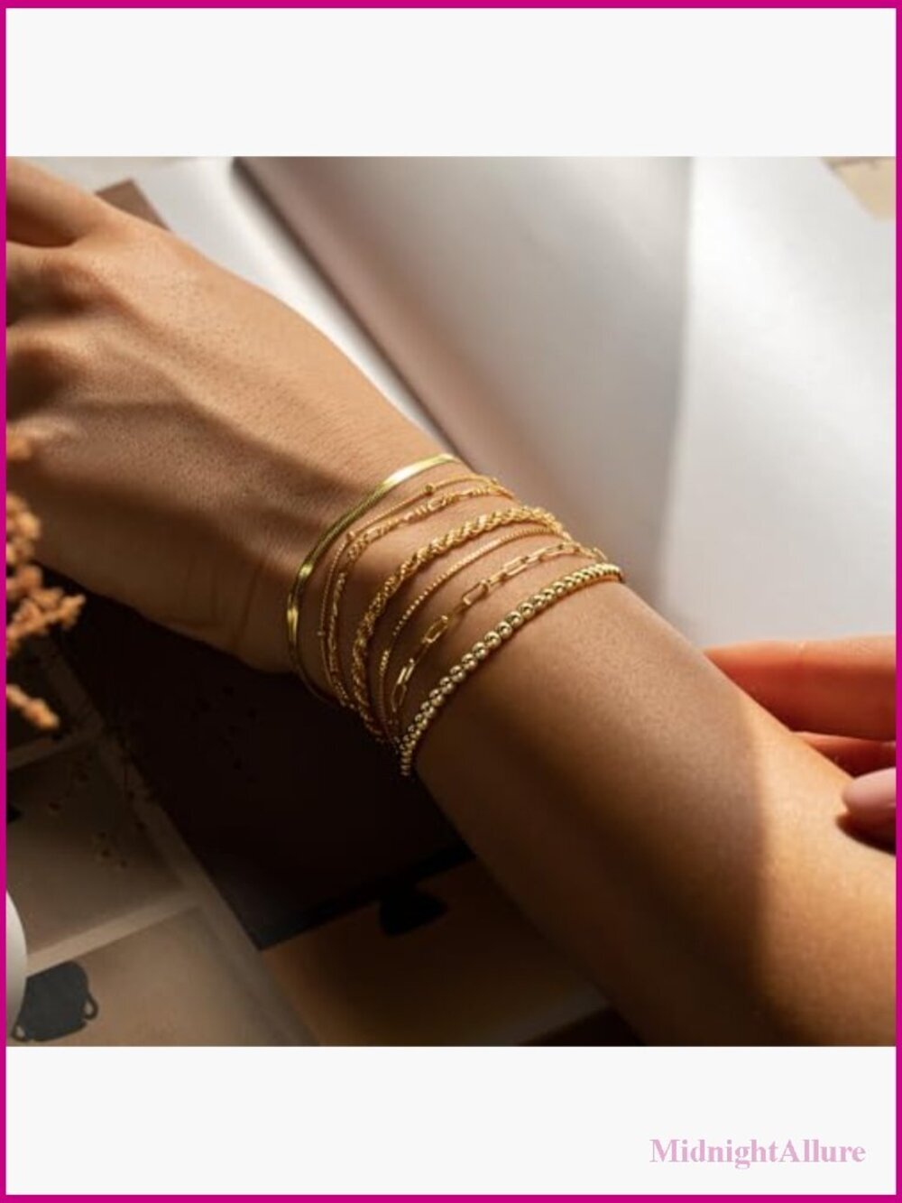 7PCS Gold Bracelet Set - Stackable Link Bracelets with Lobster Claw Clasps - Picture 2 of 7